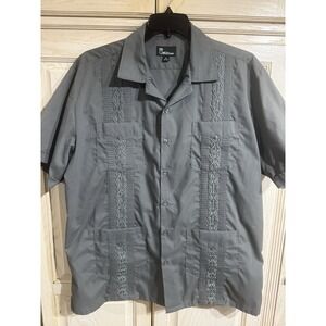 VTG Omega Fashion Men's Guayabera Embroidered Charcoal Casual Button Shirt XL